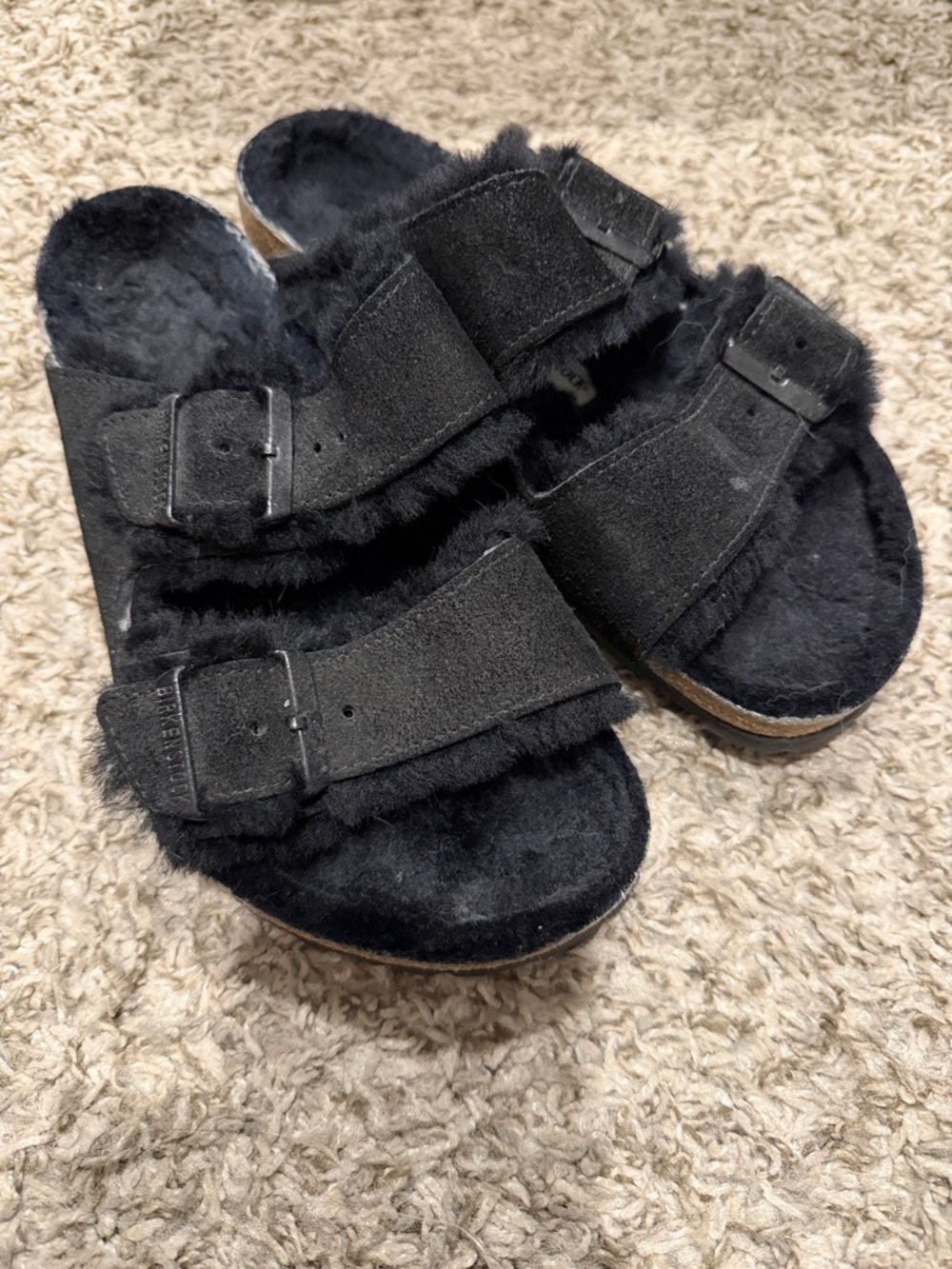 Birkenstock Arizona Fur Double Strap Slide Sandals - Black